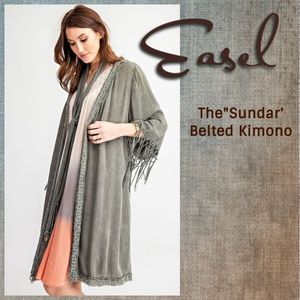 Easel "Sundar" Embroidered Trim Open Kimono W/Crochet Fringe Trim Belt & Sleeves